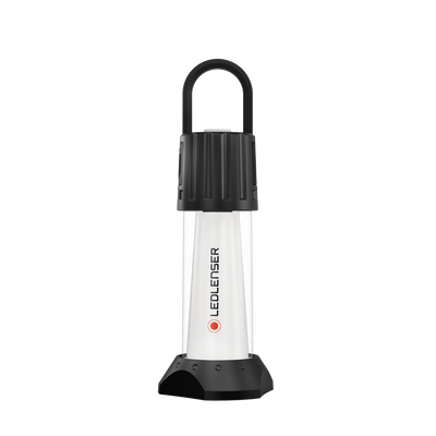 Ledlenser ML6 Lantern upright with black handle and base white ribbed body