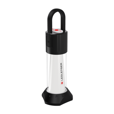 Ledlenser ML6 Lantern standing upright with a black handle on top and black base white cylindrical body with branding visible