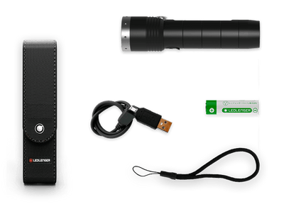 Ledlenser MT10 Torch with USB charging cable rechargeable battery charging dock and carrying holster