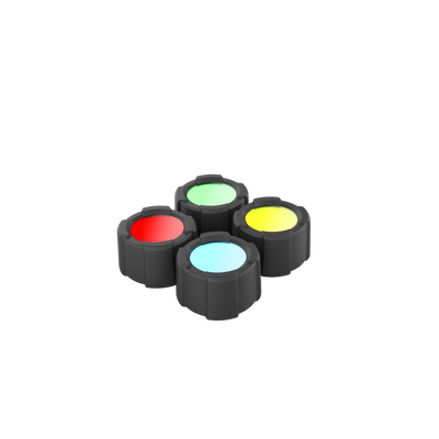 Ledlenser Colour Filter Set 39mm Suits MT14 Torch featuring five colour filters red green yellow blue and cyan in black mounting adapters