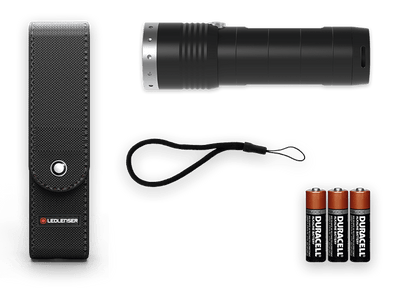 MT6 Battery Operated Torch with black cylindrical body belt holster USB charging cable and three Duracell AA batteries