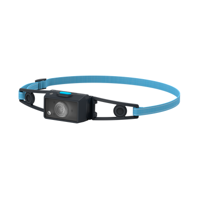 NEO1R Running Headlamp by Ledlenser with blue headband and black body rechargeable front headlamp on strap