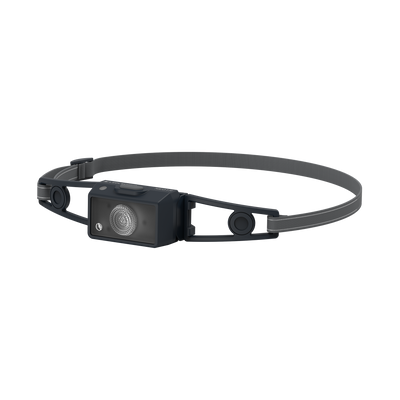 Ledlenser NEO1R rechargeable headlamp with dark headband and rectangular front light mounted on strap shown from side profile
