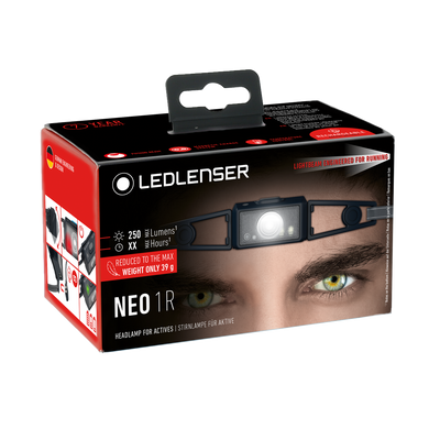 Ledlenser NEO1R Headlamp packaging showing a black headband with a central light module worn on a model’s forehead