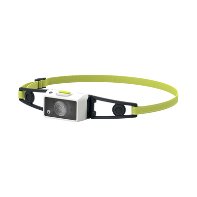 NEO1R Running Headlamp with lime green headband and white front housing mounted on black adjustable strap for hands free lighting