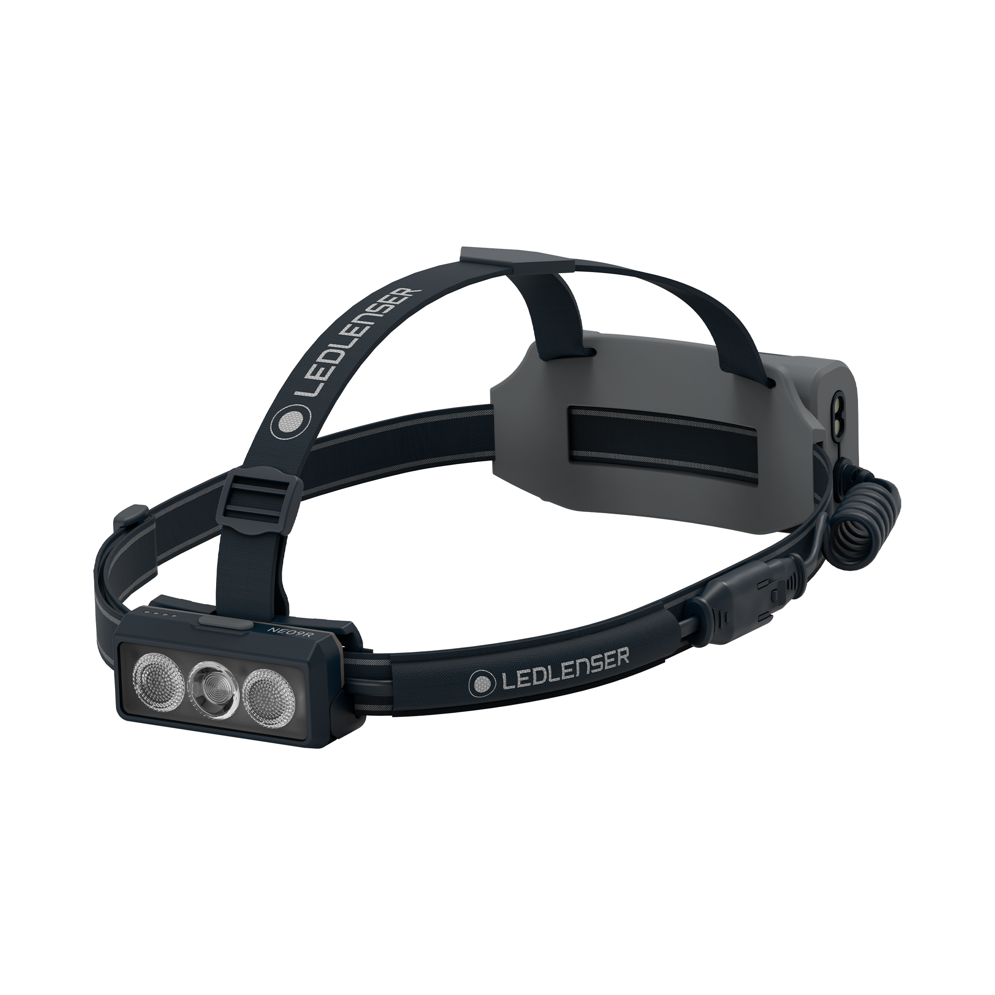 Ledlenser NEO9R Running Headlamp with a triple LED front module on a dark gray headband and adjustable strap