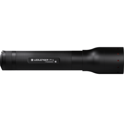 Ledlenser P14 flashlight in side profile with textured grip black finish and P14 label on the body