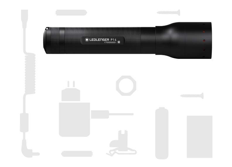 Ledlenser P14 Battery Operated Torch shown horizontally with faint accessory silhouettes such as charger and battery