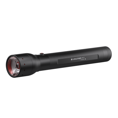 Ledlenser P17 Battery Operated Torch shown in side view black cylindrical torch with red front lens and brand label on the body