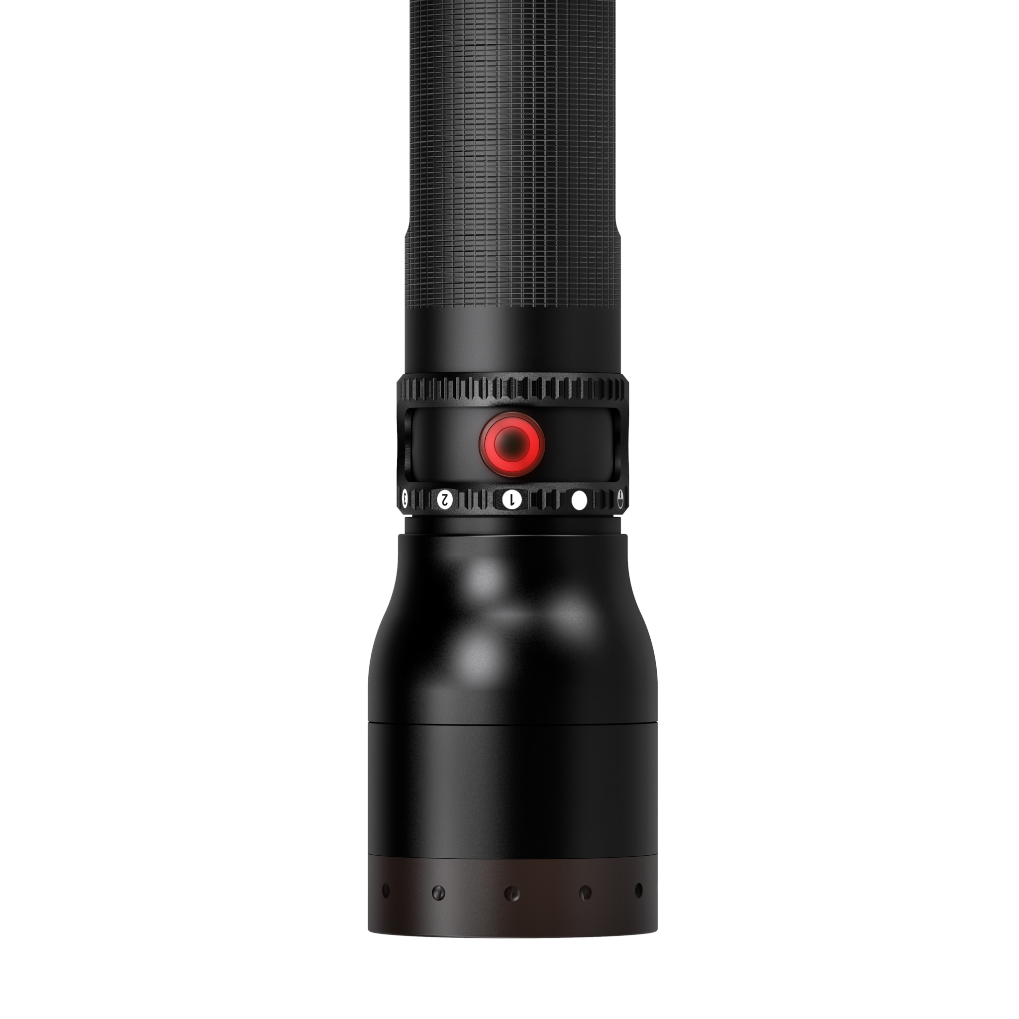 Ledlenser P17R Core Torch vertical view showing a black flashlight with a red power button and textured grip near the head