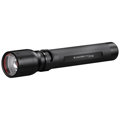 Ledlenser P17R Core Torch in side view black cylindrical rechargeable flashlight with textured grip and front lens