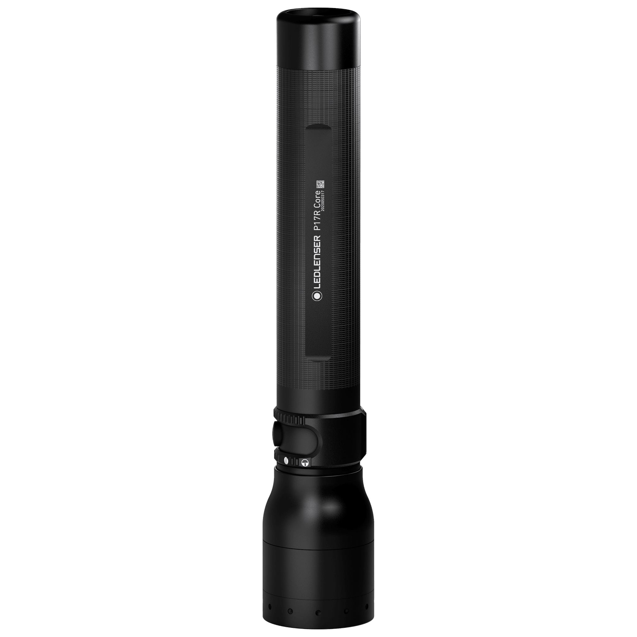 Ledlenser P17R Core Torch black shown upright with textured grip and tail cap switch