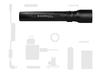Ledlenser P17R Rechargeable Torch with surrounding accessories such as charger plugs USB cable and mounting hardware
