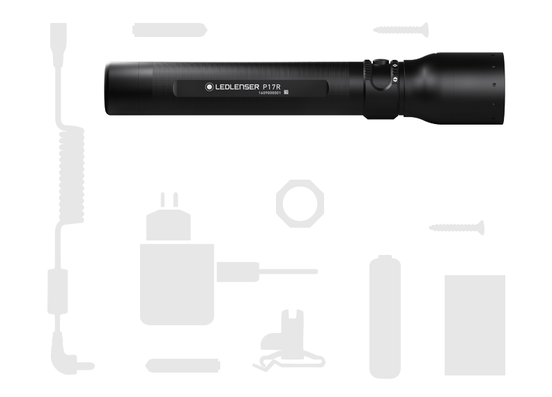 Ledlenser P17R Rechargeable Torch with surrounding accessories such as charger plugs USB cable and mounting hardware