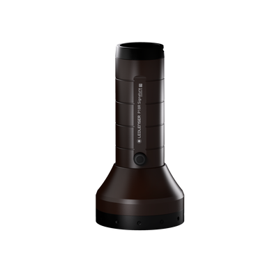 Ledlenser P18R Signature Torch with brown anodised body and textured grip viewed upright