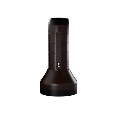 Ledlenser P18R Signature Torch upright on docking base with brown grooved cylindrical body and black top and base