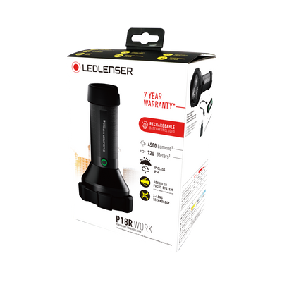 Ledlenser P18R Work Torch packaging featuring a black handheld torch front lit box with 7 year warranty and Rechargeable Battery Included labels
