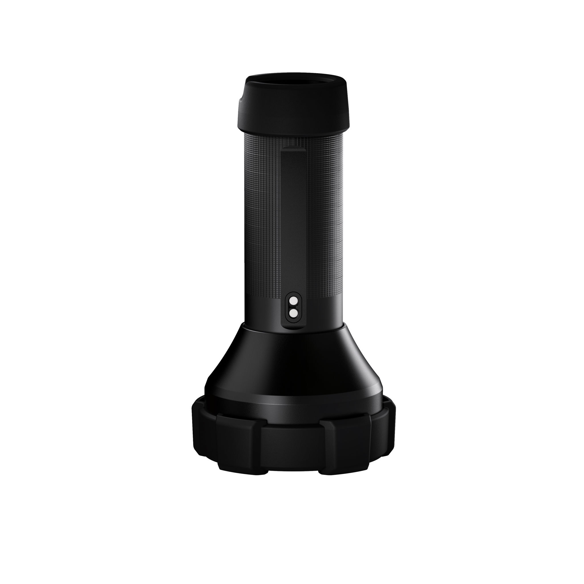 P18R Work Torch upright black cylindrical flashlight with textured grip and dual control buttons mounted on a wide circular base