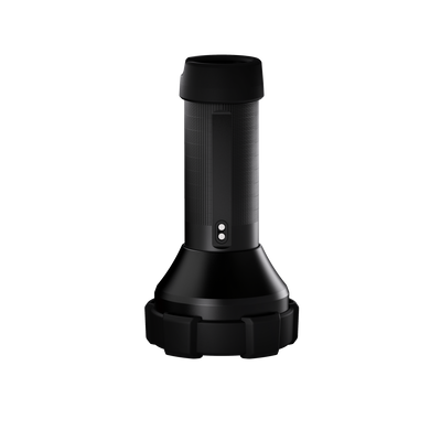 P18R Work Torch upright black cylindrical flashlight with textured grip and dual control buttons mounted on a wide circular base