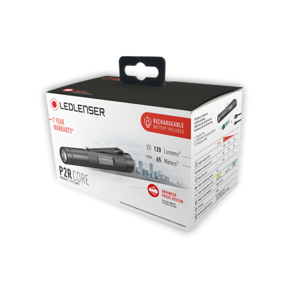 Ledlenser P2R Core Torch packaging box with image of the torch rechargeable battery included and branding