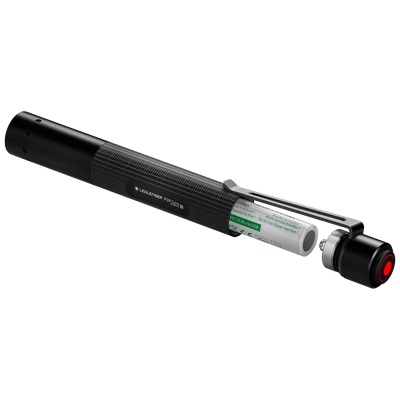 Ledlenser P2R Core Torch with battery pack extended from a black cylindrical body and a side pocket clip with red power button visible