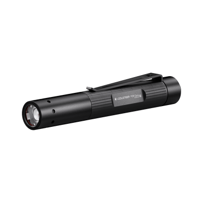Ledlenser P2R Core Torch displayed in side profile with pocket clip black compact rechargeable torch