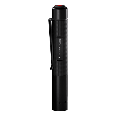 Ledlenser P2R Core Torch in black with textured grip and side clip shown upright