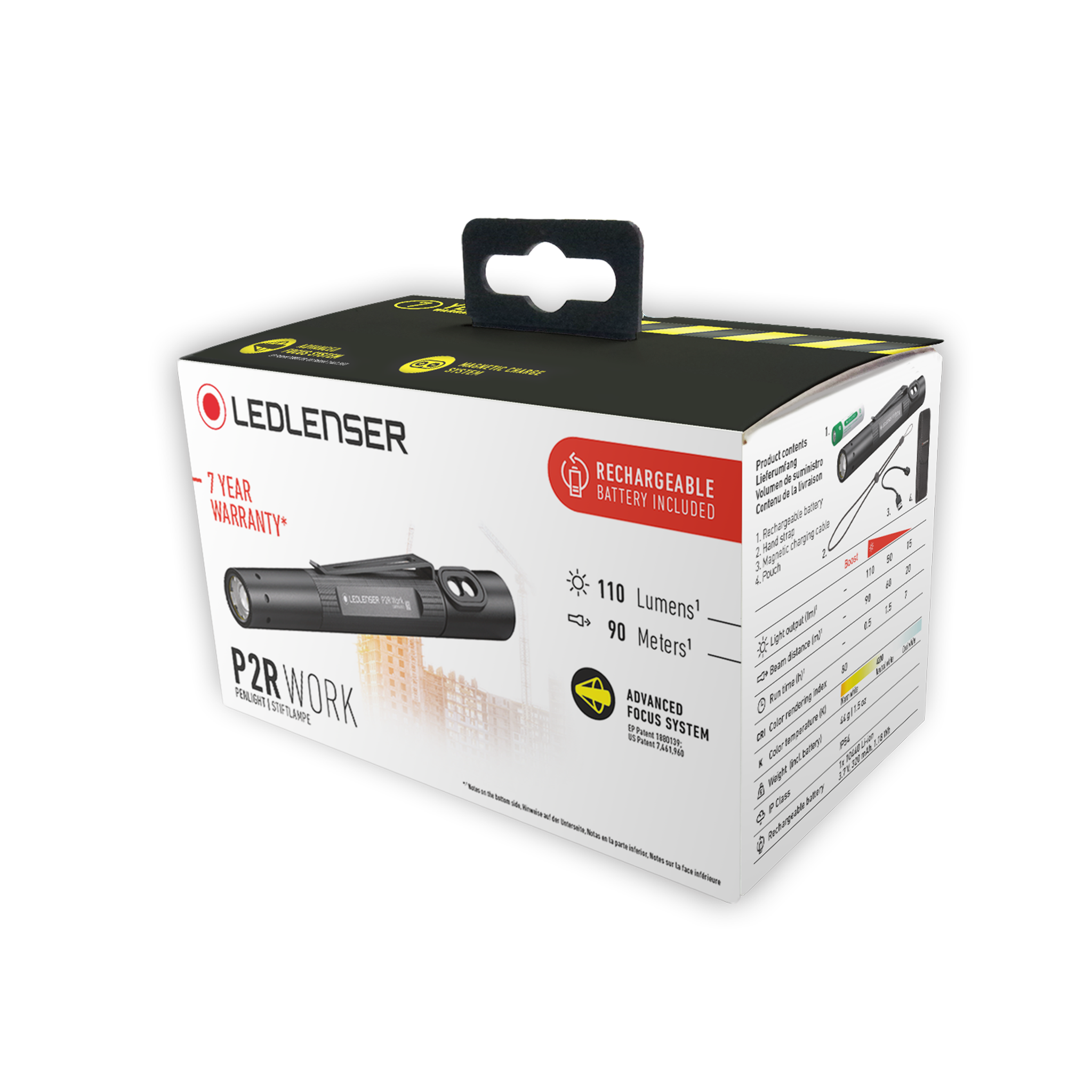Ledlenser P2R Work Torch packaging box angled view showing a compact rechargeable torch with battery included on a white box