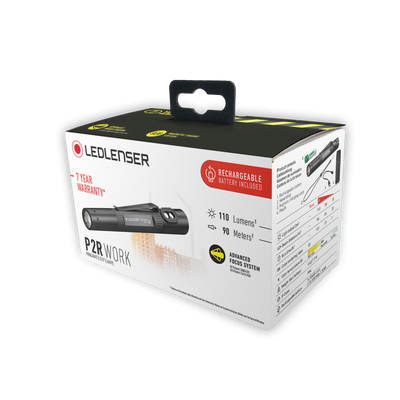 Ledlenser P2R Work Torch packaging box angled view showing a compact rechargeable torch with battery included on a white box