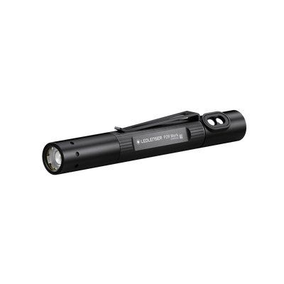 Ledlenser P2R Work Torch black cylindrical flashlight with pocket clip shown in side profile orientation