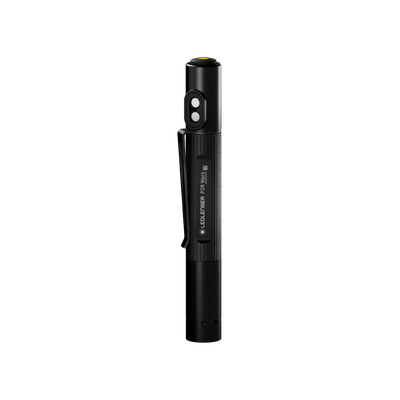 Ledlenser P2R Work Torch shown upright in black cylindrical body with pocket clip and dual front LEDs visible