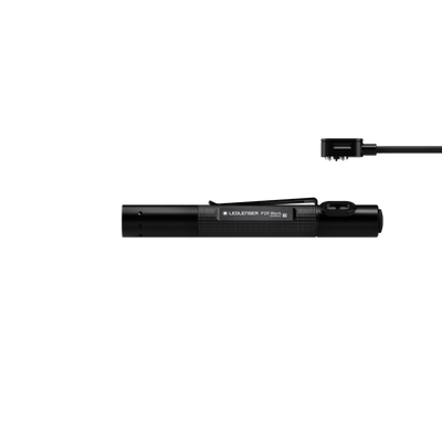 Ledlenser P2R Work Torch lying horizontally with a separate detachable head above black cylindrical body with textured grip and product label P2R Work