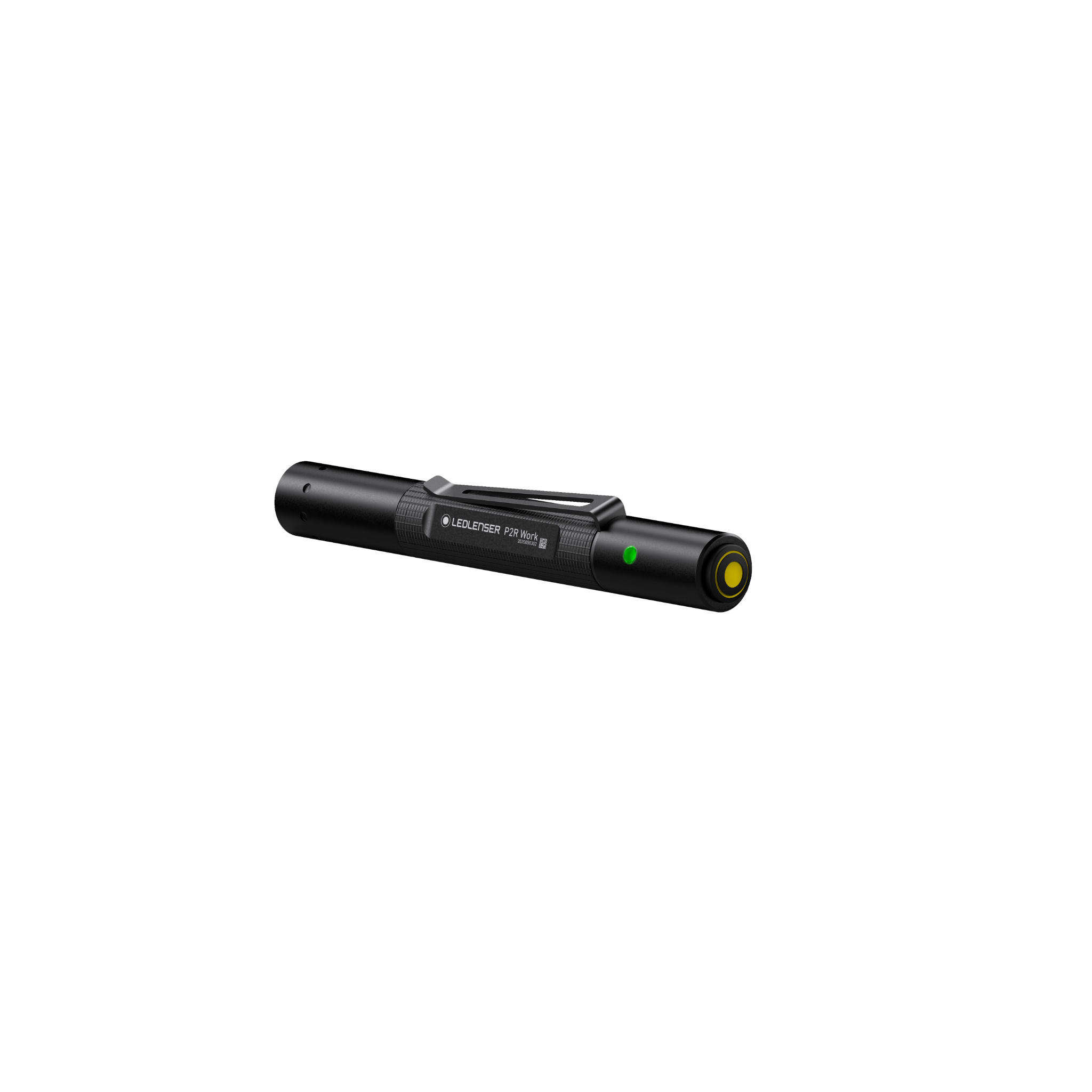 Ledlenser P2R Work Torch compact rechargeable torch with black body and yellow head shown lying horizontally
