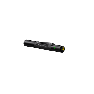 Ledlenser P2R Work Torch compact rechargeable torch with black body and yellow head shown lying horizontally