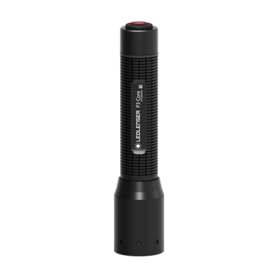Ledlenser P3 Core Torch vertical handheld flashlight with textured grip and red power button on top