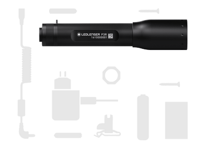 Ledlenser P3R Rechargeable Torch shown horizontally with assorted accessory silhouettes black compact handheld lighting device with textured grip