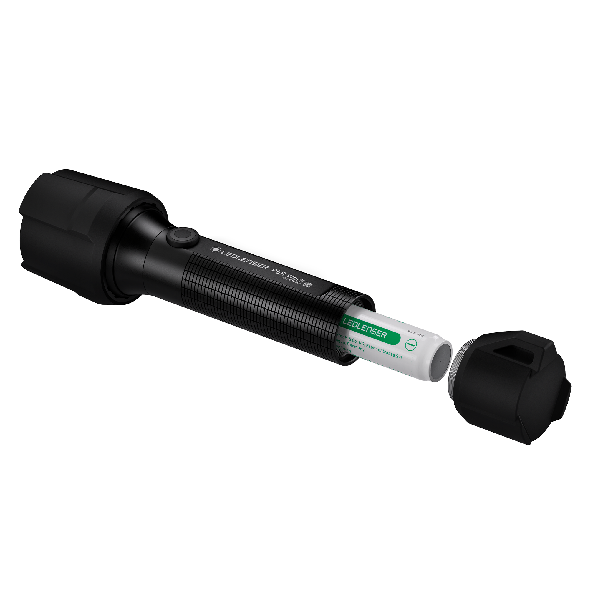 Ledlenser P5R Work Torch with extended battery cartridge and end cap removed black compact portable torch