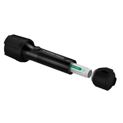 Ledlenser P5R Work Torch with extended battery cartridge and end cap removed black compact portable torch