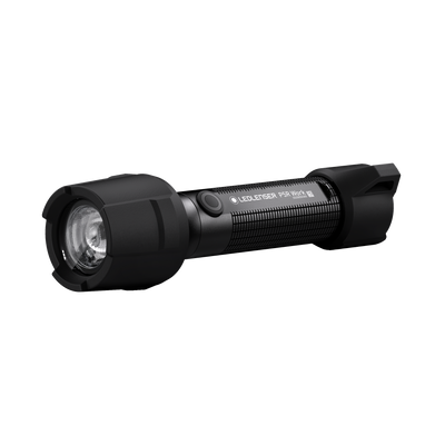 Ledlenser P5R Work Torch lying horizontally black compact rechargeable flashlight with textured grip and visible front lens