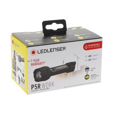 Ledlenser P5R Work Torch packaging showing a black rechargeable flashlight with box design and branding on a white background