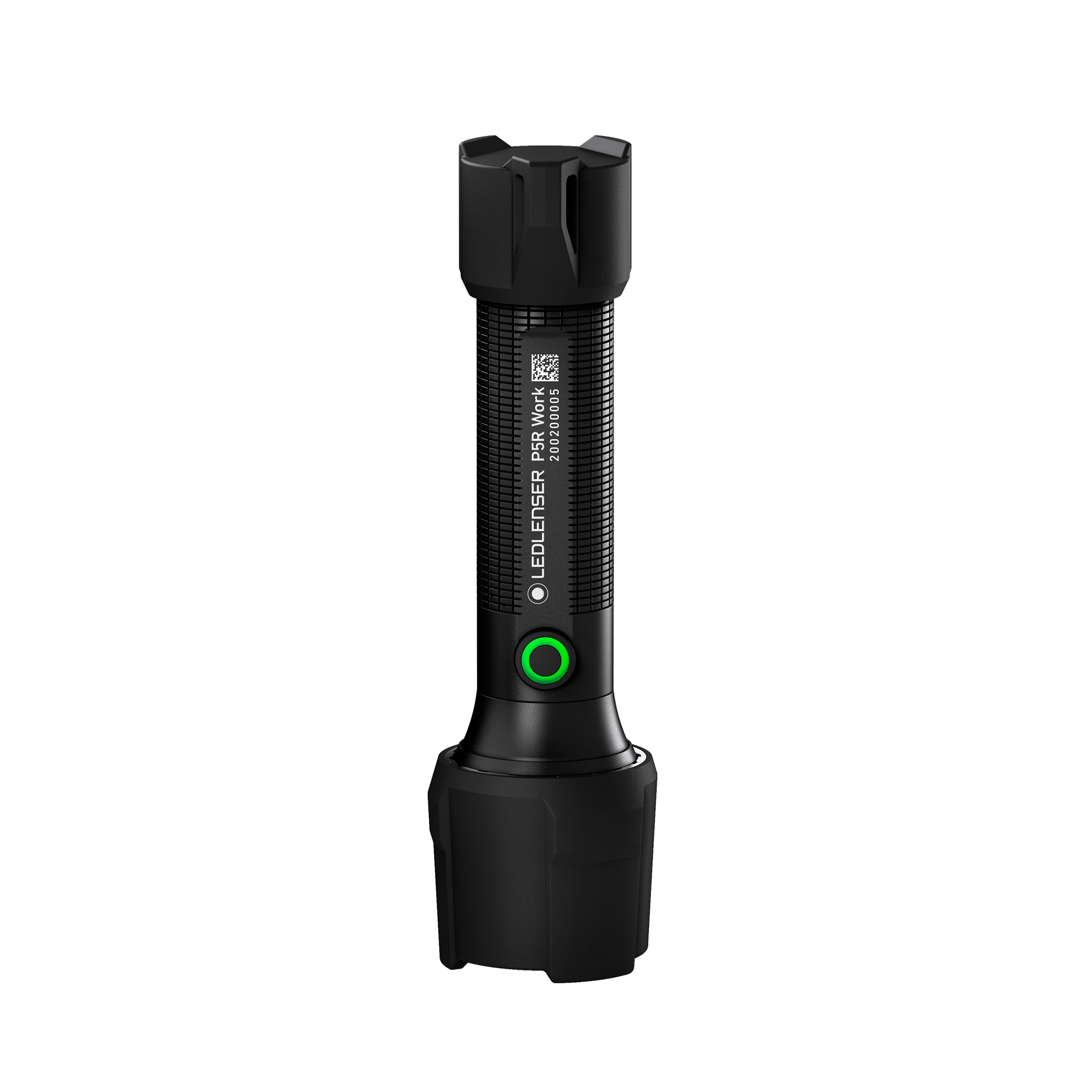 Ledlenser P5R Work Torch standing upright with a black ribbed body and green power ring rechargeable flashlight for professionals