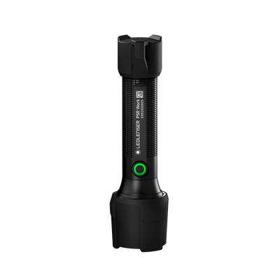 Ledlenser P5R Work Torch standing upright with a black ribbed body and green power ring rechargeable flashlight for professionals