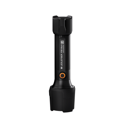 Ledlenser P5R Work Torch vertical shot; black rechargeable flashlight with textured grip and orange circular power button