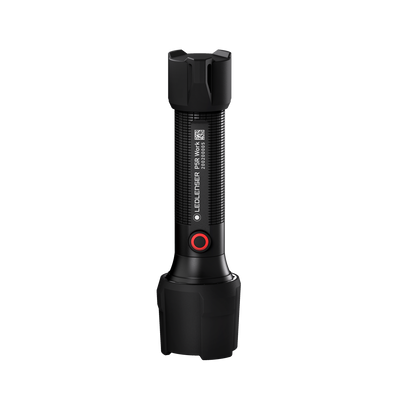 Ledlenser P5R Work Torch shown upright with black textured body and red circular power button
