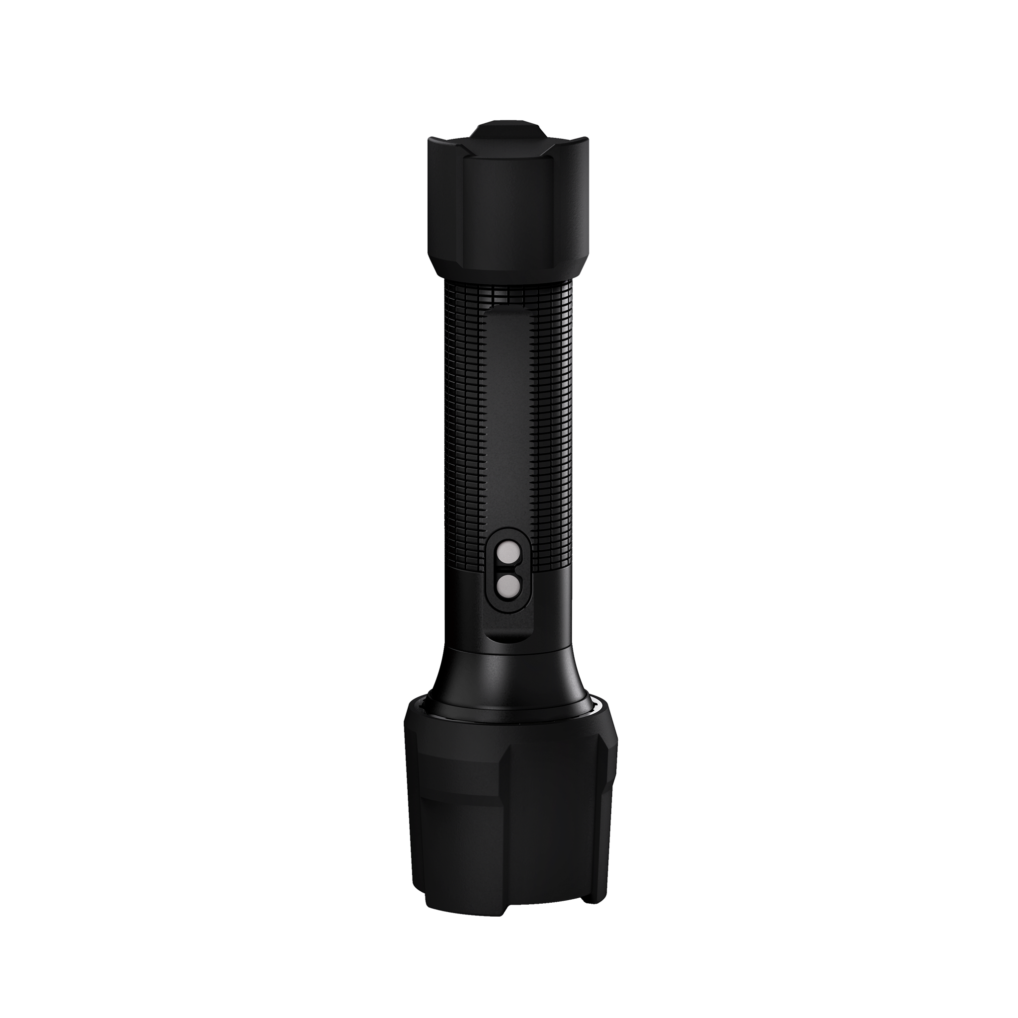 P5R Work Torch black cylindrical flashlight with textured grip and dual button control shown upright