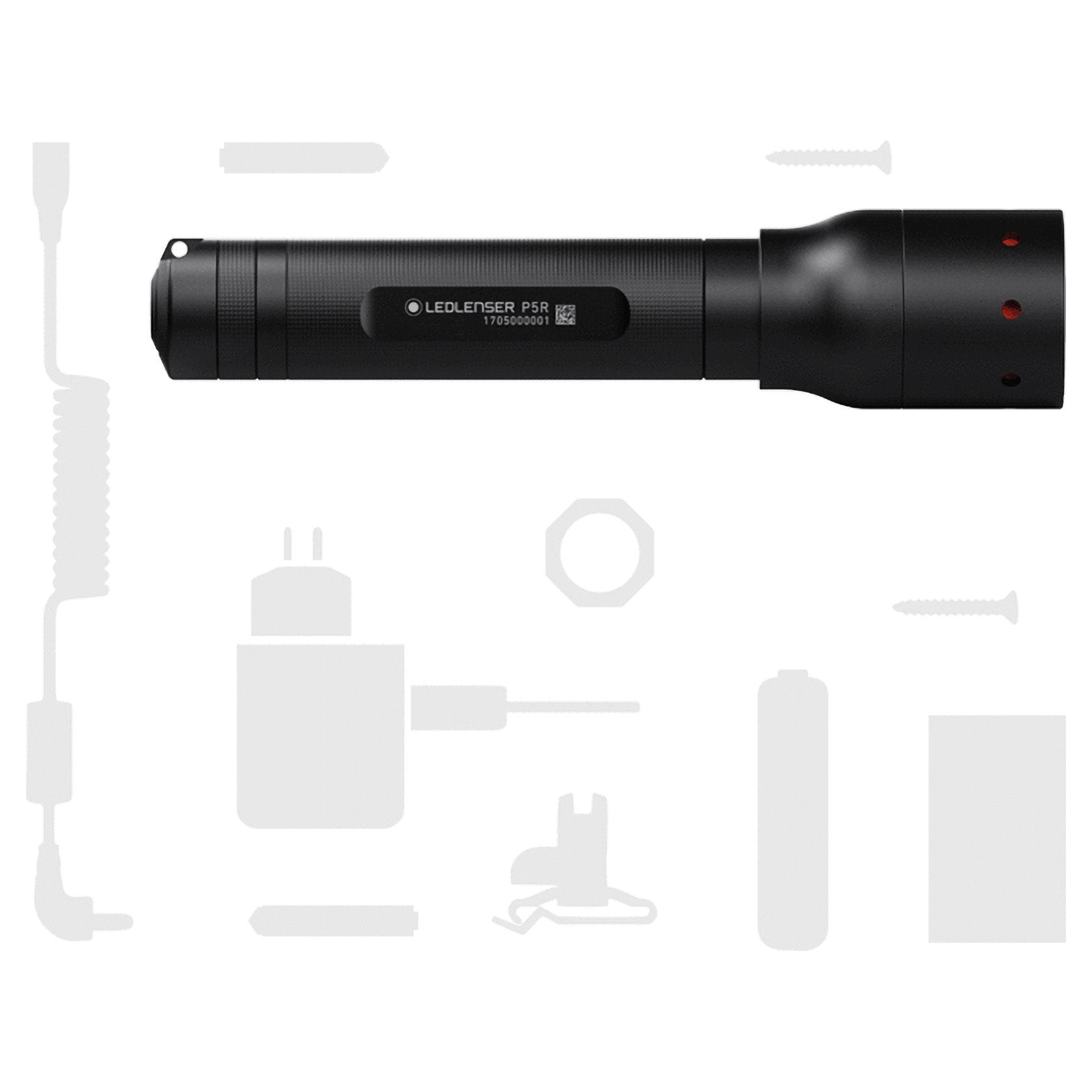 Ledlenser P5R Torch black rechargeable flashlight shown horizontally with side label