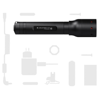 Ledlenser P5R Torch black rechargeable flashlight shown horizontally with side label