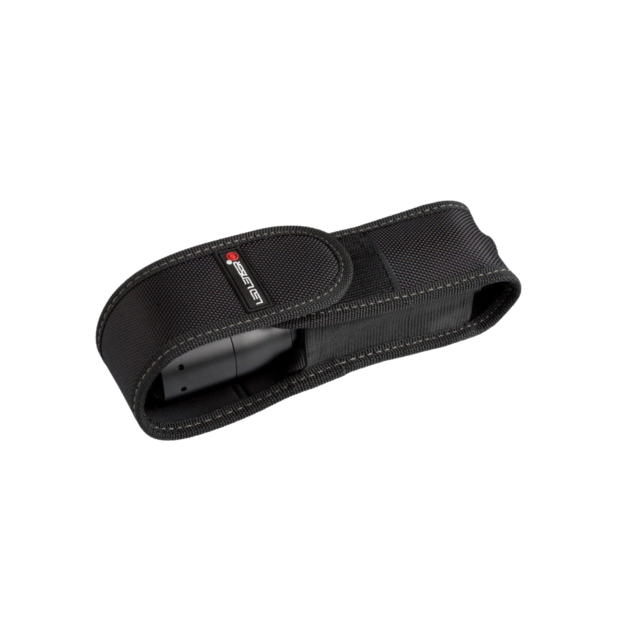 Hard Sheath Torch Pouch black nylon belt case with Velcro closure and a Ledlenser torch partially visible inside