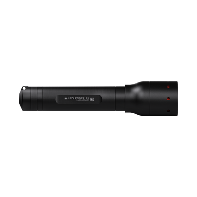 Ledlenser P5 Torch black cylindrical handheld flashlight shown in side view with textured grip and red indicator dots on the tail