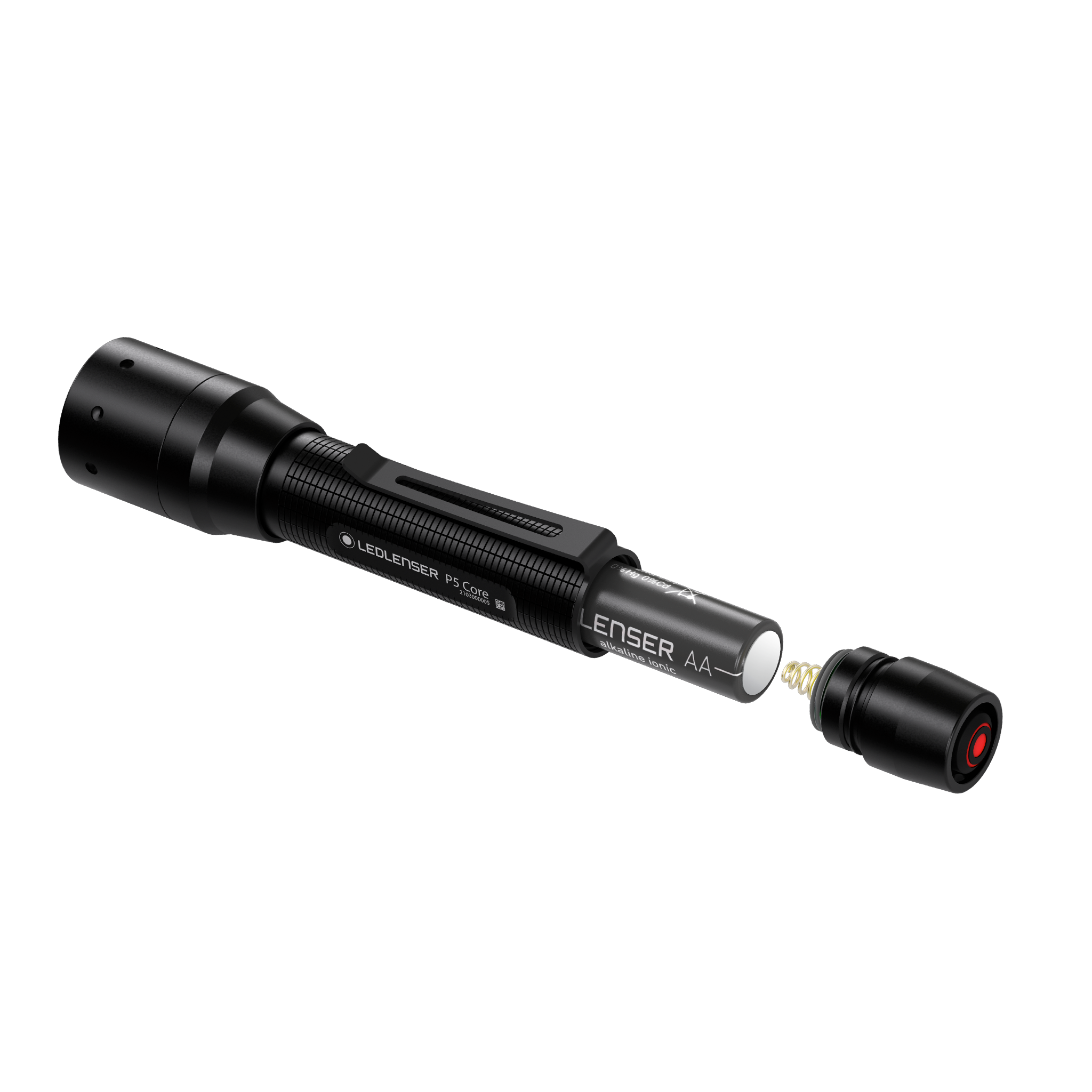 Ledlenser P5 Core Torch with AA battery and end cap removed compact handheld flashlight for professional use